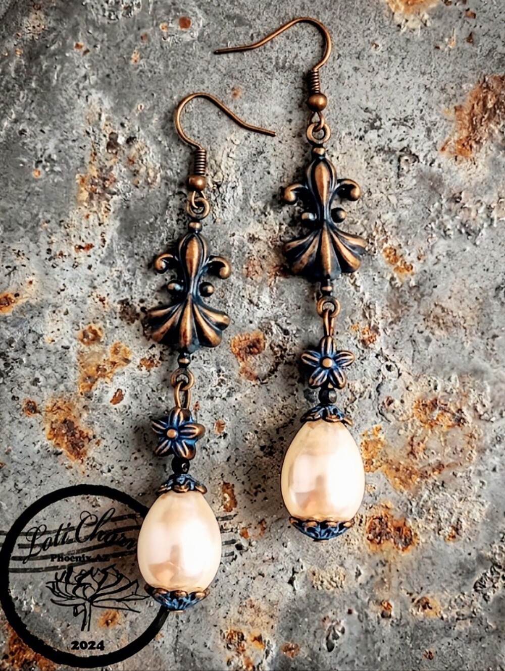 Baroque White Natural Pearl In Verdigris Rustic Blue Patina On Copper Earrings